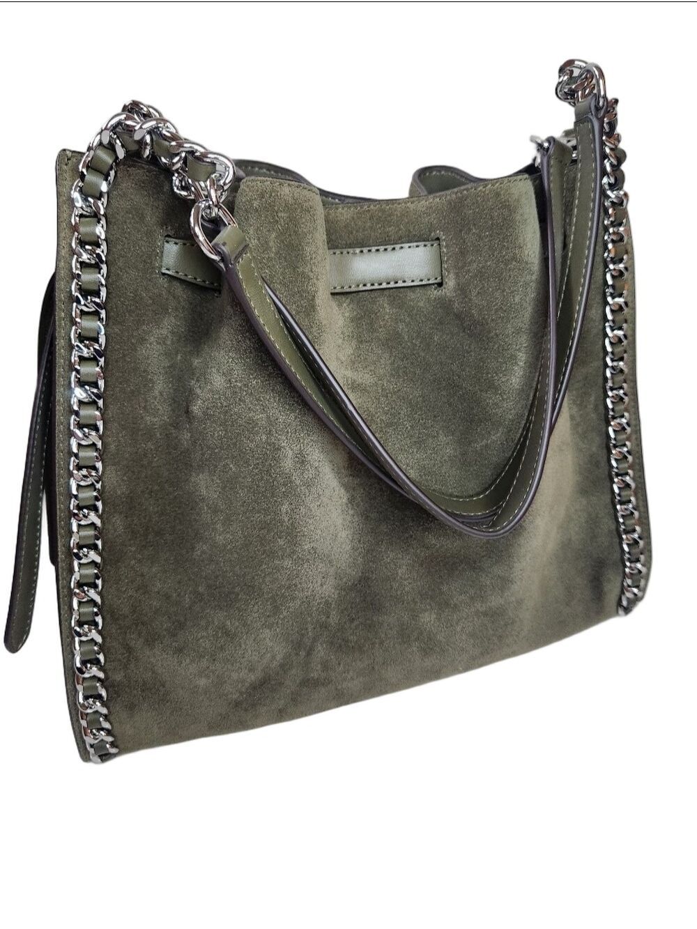 NWT Michael Kors Mina Large Suede Chain Shoulder Bag - Olive Green - Picture 6 of 16